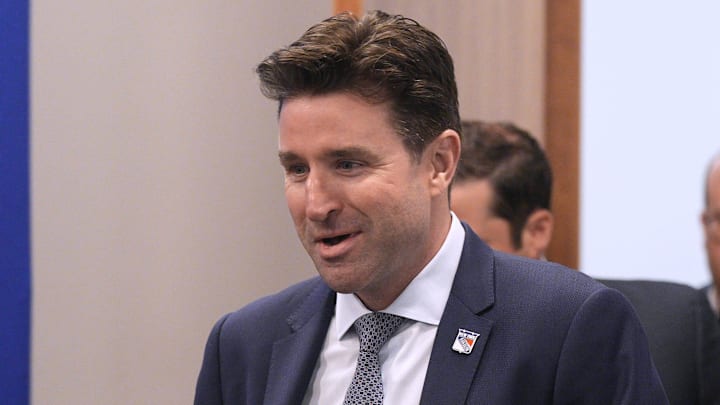 NY Rangers president and general manager Chris Drury during a press conference to introduce new head coach Mike Sullivan at the MSG Training Center in Tarrytown, New York May 8, 2025.