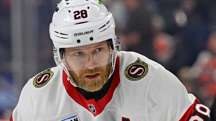 Feb 5, 2026; Philadelphia, Pennsylvania, USA; Ottawa Senators right wing Claude Giroux (28) against the Philadelphia Flyers during the second period at Xfinity Mobile Arena. Mandatory Credit: Eric Hartline-Imagn Images