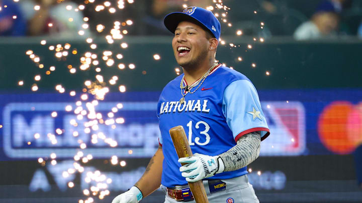 Jul 13, 2024; Arlington, TX, USA;  National League Future  catcher Moises Ballesteros reacts during the Futures Skills Showcase at Globe Life Field. 