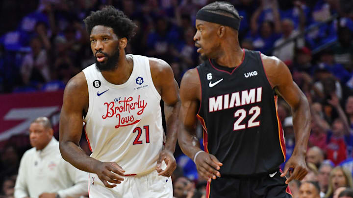 Apr 6, 2023; Philadelphia, Pennsylvania, USA; Philadelphia 76ers center Joel Embiid (21) and Miami Apr 6, 2023; Philadelphia, Pennsylvania, USA; Philadelphia 76ers center Joel Embiid (21) and Miami