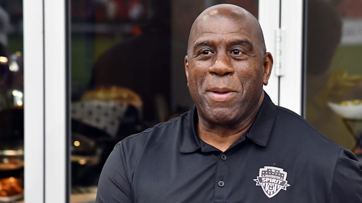 Sep 7, 2024; Washington, District of Columbia, USA; Washington Spirit owner Magic Johnson before the game against Portland Thorns FC at Audi Field. Mandatory Credit: Brad Mills-Imagn Images