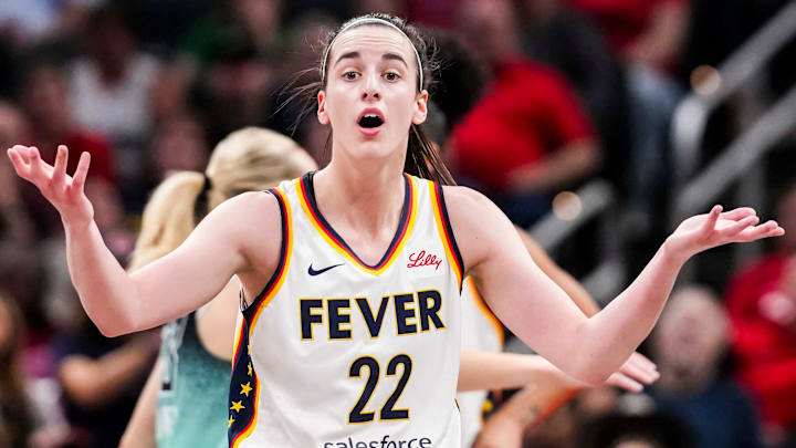 Indiana Fever guard Caitlin Clark (22) reacts to the officiating Saturday, May 24, 2025, during a game between the Indiana Fever and the New York Liberty at Gainbridge Fieldhouse in Indianapolis. The New York Liberty defeated the Indiana Fever, 90-88.