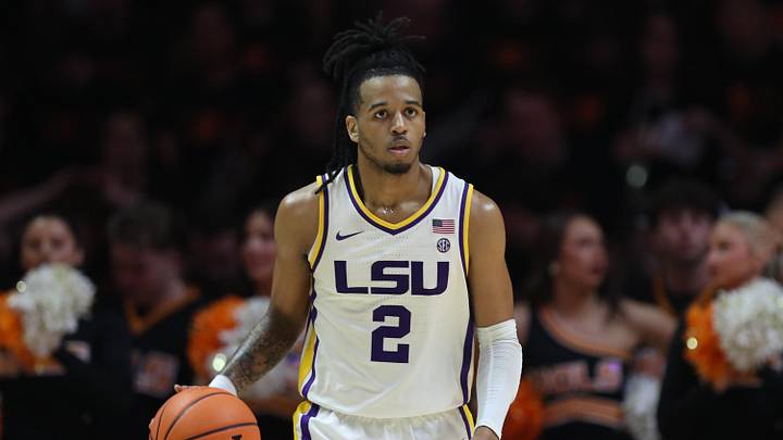 Feb 14, 2026; Knoxville, Tennessee, USA;  Louisiana State Tigers guard Jalen Reece (2) brings the ball up court against the Tennessee Volunteers during the second half at Thompson-Boling Arena at Food City Center. Mandatory Credit: Randy Sartin-Imagn Images