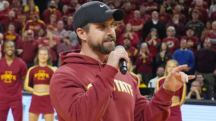 Iowa State football coach Jimmy Rogers speaks during a timeout in the first half in the Iowa State and Iowa men’s basketball Cy-Hawk series at Hilton coliseum on Dec. 11, 2025, in Ames, Iowa.
