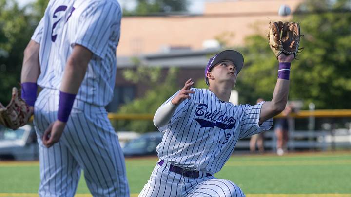 Rumson Reece Moroney pulls in an infield pop up in late inning play. Rumson-Fair Haven Baseball defeats Spotswood 8-3 in NJSIAA Central Group 2 Final in Rumson, NJ on June 2, 2023. Rumson Reece Moroney pulls in an infield pop up in late inning play. Rumson-Fair Haven Baseball defeats Spotswood 8-3 in NJSIAA Central Group 2 Final in Rumson, NJ on June 2, 2023.