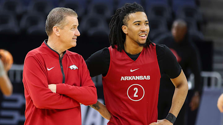 Arkansas Razorbacks coach John Calipari and guard Boogie Fland at practice at the Chase Center in San Francisco, Calif., Wednesday.