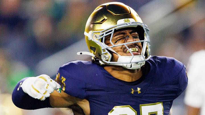 Notre Dame linebacker Kyngstonn Viliamu-Asa celebrates after getting a stop in the first half of a NCAA football game against Texas A&M at Notre Dame Stadium on Saturday, Sept. 13, 2025, in South Bend.