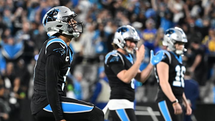 Carolina Panthers quarterback Bryce Young (9) reacts in the fourth quarter in an NFC Wild Card Round game