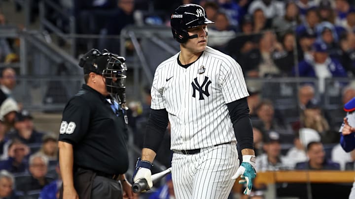Oct 29, 2024; Bronx, New York, USA; New York Yankees first baseman Anthony Rizzo (48) reacts after striking out against the Los Angeles Dodgers in the second inning during game four of the 2024 MLB World Series at Yankee Stadium. 