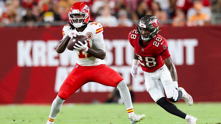 Aug 22, 2026; Tampa, Florida, USA; Kansas City Chiefs wide receiver Jalen Royals (11) catches a pass defended by Tampa Bay Buccaneers cornerback Damarion Williams (28) in the second quarter during a preseason game at Raymond James Stadium. Mandatory Credit: Nathan Ray Seebeck-Imagn Images Aug 22, 2026; Tampa, Florida, USA; Kansas City Chiefs wide receiver Jalen Royals (11) catches a pass defended by Tampa Bay Buccaneers cornerback Damarion Williams (28) in the second quarter during a preseason game at Raymond James Stadium. Mandatory Credit: Nathan Ray Seebeck-Imagn Images