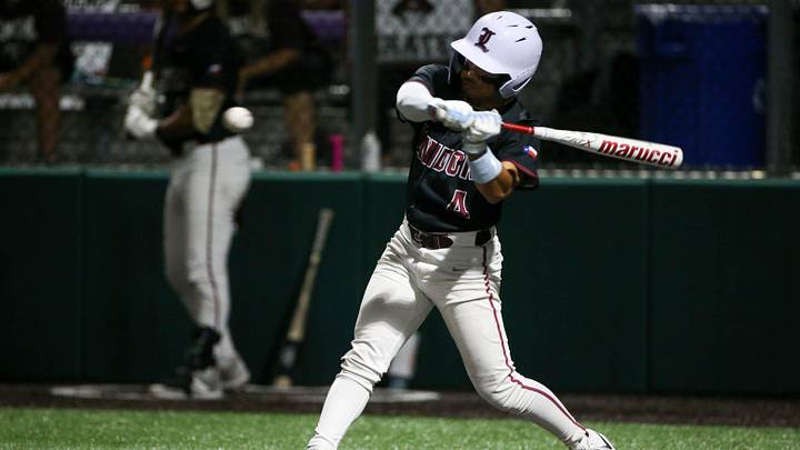 London’s Christian Olivares bats during the Class 3A division I UIL State Semifinal game on Thursday, May 29, 2025, at Gardner Boggs Field in Austin, Texas.