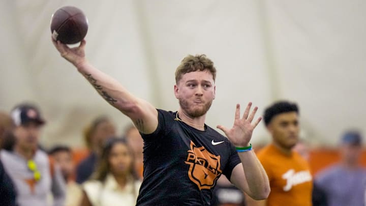 Former Longhorns Quinn Ewers passes during the Texas' Pro Day at the Texas Football Training Facility on Tuesday, March 25, 2025.