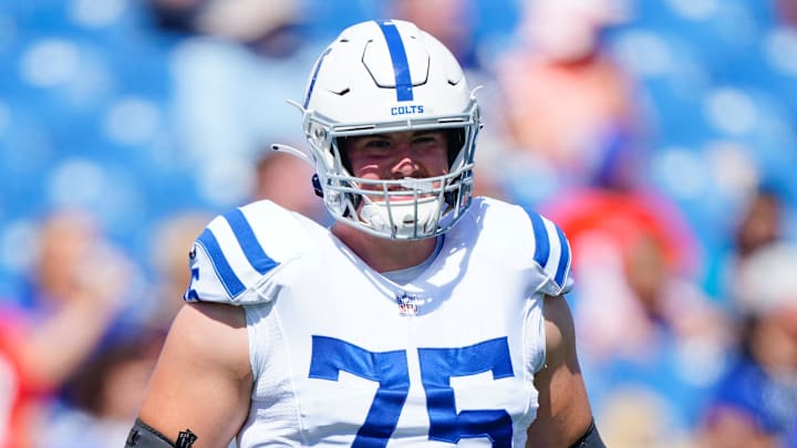 Aug 13, 2022; Orchard Park, New York, USA; Indianapolis Colts guard Will Fries (75) prior to the game against the Buffalo Bills at Highmark Stadium. Mandatory Credit: Gregory Fisher-Imagn Images