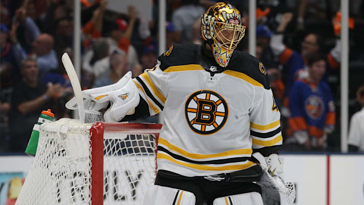 Jun 9, 2021; Uniondale, New York, USA; Boston Bruins goalie Tuukka Rask (40) reacts after a goal by New York Islanders right wing Kyle Palmieri (not pictured) during the second period of game six of the second round of the 2021 Stanley Cup Playoffs at Nassau Veterans Memorial Coliseum. Mandatory Credit: Brad Penner-Imagn Images