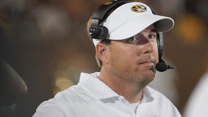 Sep 9, 2023; Columbia, Missouri, USA; Missouri Tigers head coach Eli Drinkwitz watches play against the Middle Tennessee Blue Raiders during the second half at Faurot Field at Memorial Stadium. Mandatory Credit: Denny Medley-Imagn Images