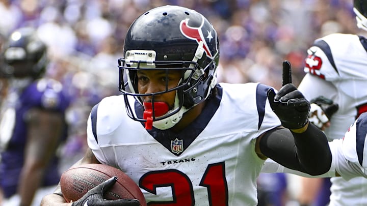 Sep 10, 2023; Baltimore, Maryland, USA; Houston Texans cornerback Steven Nelson (21) reacts after intercepting a pass against the Baltimore Ravens during the first half at M&T Bank Stadium. Mandatory Credit: Brad Mills-Imagn Images

