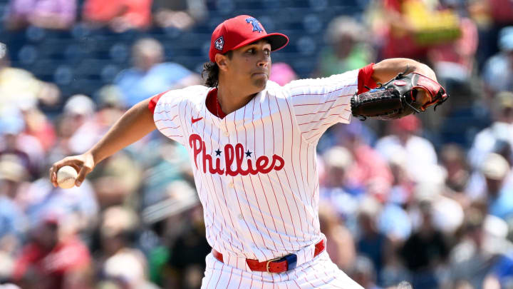 Mar 18, 2024; Clearwater, Florida, USA;Philadelphia Phillies starting pitcher Tyler Phillips (72) throws a pitch in the first inning of the spring training game against the Pittsburgh Pirates  at BayCare Ballpark.