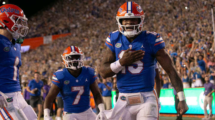 Florida Gators quarterback Anthony Richardson (15) celebrates after diving into the end zone for a