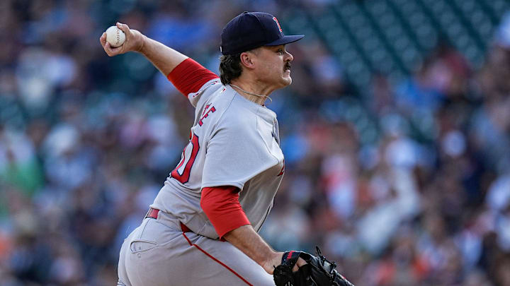 Boston Red Sox pitcher Payton Tolle (70) throws against Detroit Tigers during the first inning at Comerica Park in Detroit on Monday, May 4, 2026.