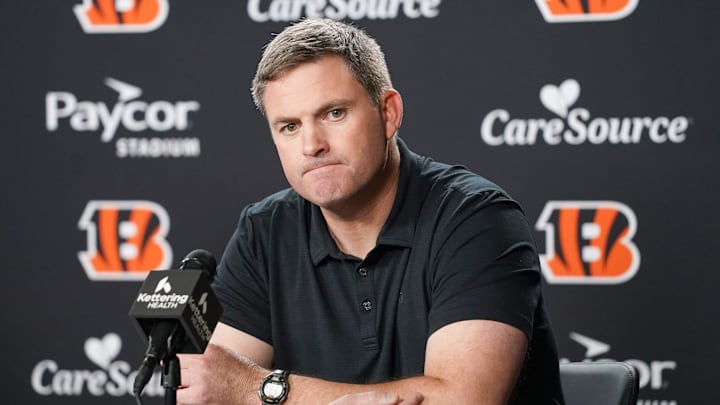 Cincinnati Bengals head coach Zac Taylor speaks with media during the 2026 NFL Draft, Saturday, April 25, 2026, at Paycor Stadium in downtown Cincinnati.