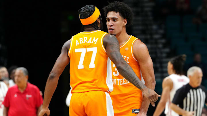 Nov 25, 2025; Las Vegas, NV, USA; Tennessee Volunteers guard Amaree Abram (77) and guard Bishop Boswell (3) react in a 2025 Players Era Festival group play game against the Houston Cougars during the first half at MGM Grand Garden Arena. Mandatory Credit: Stephen R. Sylvanie-Imagn Images Nov 25, 2025; Las Vegas, NV, USA; Tennessee Volunteers guard Amaree Abram (77) and guard Bishop Boswell (3) react in a 2025 Players Era Festival group play game against the Houston Cougars during the first half at MGM Grand Garden Arena. Mandatory Credit: Stephen R. Sylvanie-Imagn Images