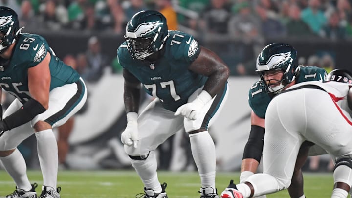 Philadelphia Eagles offensive tackle Mekhi Becton (77) against the Atlanta Falcons at Lincoln Financial Field.