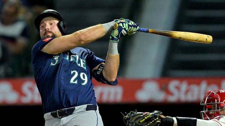 Sep 16, 2026; Anaheim, California, USA; Seattle Mariners catcher Cal Raleigh (29) hits an RBI double in the fifth inning against the Los Angeles Angels at Angel Stadium. Mandatory Credit: Jayne Kamin-Oncea-Imagn Images Sep 16, 2026; Anaheim, California, USA; Seattle Mariners catcher Cal Raleigh (29) hits an RBI double in the fifth inning against the Los Angeles Angels at Angel Stadium. Mandatory Credit: Jayne Kamin-Oncea-Imagn Images