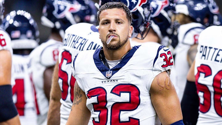 Aug 27, 2023; New Orleans, Louisiana, USA; Houston Texans linebacker Garret Wallow (32) looks on during pregame during pregame against the New Orleans Saints at the Caesars Superdome. Mandatory Credit: Stephen Lew-Imagn Images