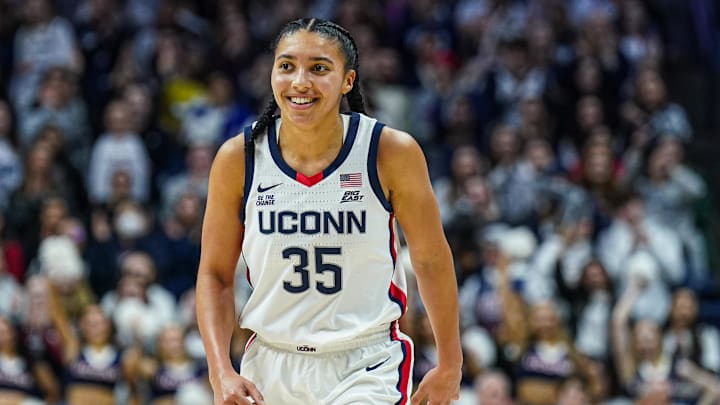 Feb 12, 2025; Storrs, Connecticut, USA; UConn Huskies guard Azzi Fudd (35) reacts after her three point basket against the St. John's Red Storm in the second half at Harry A. Gampel Pavilion. Mandatory Credit: David Butler II-Imagn Images Feb 12, 2025; Storrs, Connecticut, USA; UConn Huskies guard Azzi Fudd (35) reacts after her three point basket against the St. John's Red Storm in the second half at Harry A. Gampel Pavilion. Mandatory Credit: David Butler II-Imagn Images