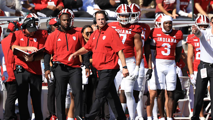 Head coach Curt Cignetti of the Indiana Hoosiers walks the sidelines against the Nebraska Cornhuskers at Memorial Stadium on October 19, 2024 in Bloomington, Indiana.