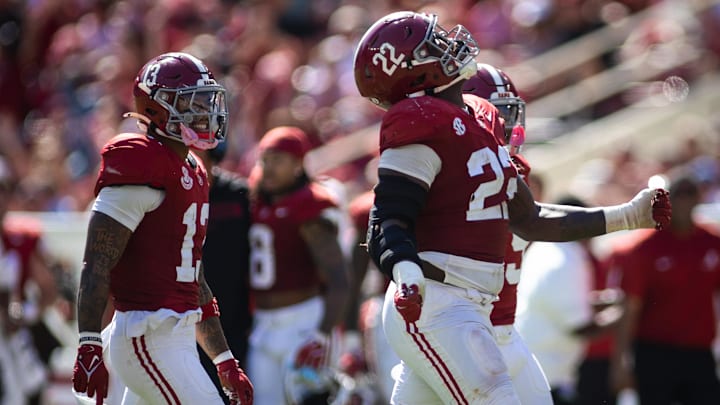 Oct 12, 2024; Tuscaloosa, Alabama, USA; Alabama Crimson Tide defensive back Malachi Moore (13), lineman LT Overton (22), and defensive back Jaylen Mbakwe (9) react to recovering a fumble by the South Carolina Gamecocks during the fourth quarter at Bryant-Denny Stadium. Mandatory Credit: Will McLelland-Imagn Images Oct 12, 2024; Tuscaloosa, Alabama, USA; Alabama Crimson Tide defensive back Malachi Moore (13), lineman LT Overton (22), and defensive back Jaylen Mbakwe (9) react to recovering a fumble by the South Carolina Gamecocks during the fourth quarter at Bryant-Denny Stadium. Mandatory Credit: Will McLelland-Imagn Images
