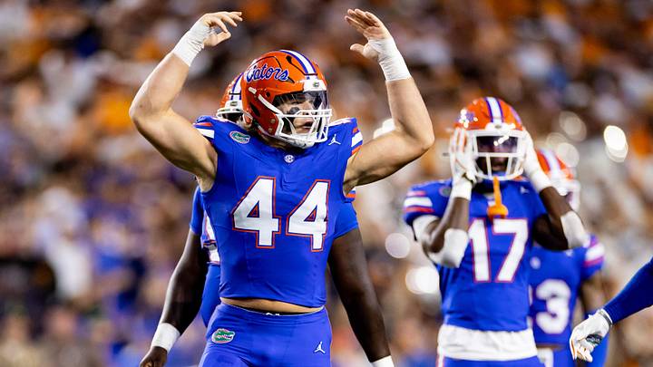 Sep 16, 2023; Gainesville, Florida, USA; Florida Gators defensive end Jack Pyburn (44) gestures to the crowd during the first half against the Tennessee Volunteers at Ben Hill Griffin Stadium. Mandatory Credit: Matt Pendleton-Imagn Images Sep 16, 2023; Gainesville, Florida, USA; Florida Gators defensive end Jack Pyburn (44) gestures to the crowd during the first half against the Tennessee Volunteers at Ben Hill Griffin Stadium. Mandatory Credit: Matt Pendleton-Imagn Images