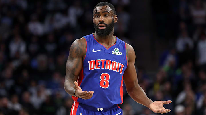  Detroit Pistons forward Tim Hardaway Jr. (8) reacts during the first quarter against the Minnesota Timberwolves at Target Center.