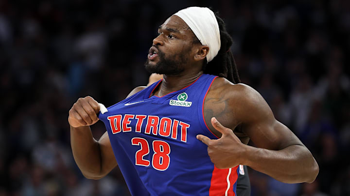 Mar 30, 2025; Minneapolis, Minnesota, USA; Detroit Pistons center Isaiah Stewart (28) : Matt Krohn-Imagn Images