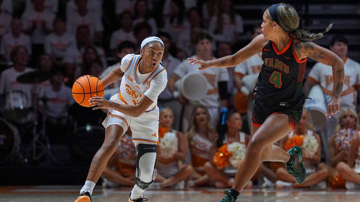 Tennessee guard Jada Eads (10) dribbles the ball behind Florida A&M guard Niah Rhodes (4) during a women’s college basketball exhibition game between the Tennessee Lady Vols and Florida A&M Rattlers at Thompson-Boling Arena at Food City Center on Oct. 27, 2026.