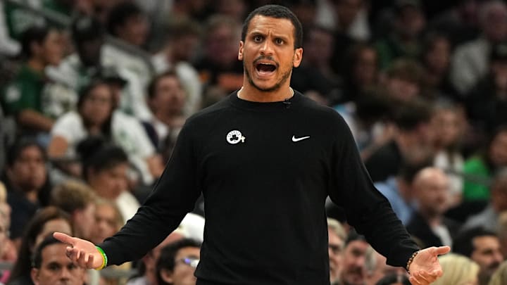 Mar 26, 2025; Phoenix, Arizona, USA; Boston Celtics head coach Joe Mazzulla reacts against the Phoenix Suns during the second half at Footprint Center. Mandatory Credit: Rick Scuteri-Imagn Images