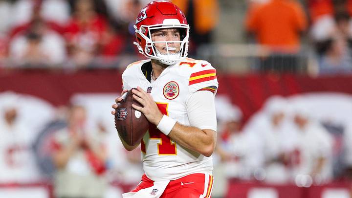 Aug 22, 2026; Tampa, Florida, USA; Kansas City Chiefs quarterback Garrett Nussmeier (14) drops back to pass against the Tampa Bay Buccaneers in the third quarter during a preseason game at Raymond James Stadium. Mandatory Credit: Nathan Ray Seebeck-Imagn Images