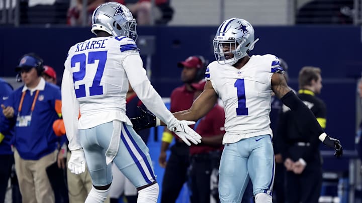 Dec 11, 2022; Arlington, Texas, USA;  Dallas Cowboys safety Jayron Kearse (27) and Dallas Cowboys cornerback Kelvin Joseph (1) celebrate during the fourth quarter at AT&T Stadium. Mandatory Credit: Kevin Jairaj-USA TODAY Sports