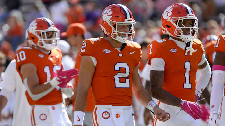 Oct 19, 2024; Clemson, South Carolina, USA; Clemson Tigers quarterback Cade Klubnik (2) looks on prior to the game against the Virginia Cavaliers at Memorial Stadium.