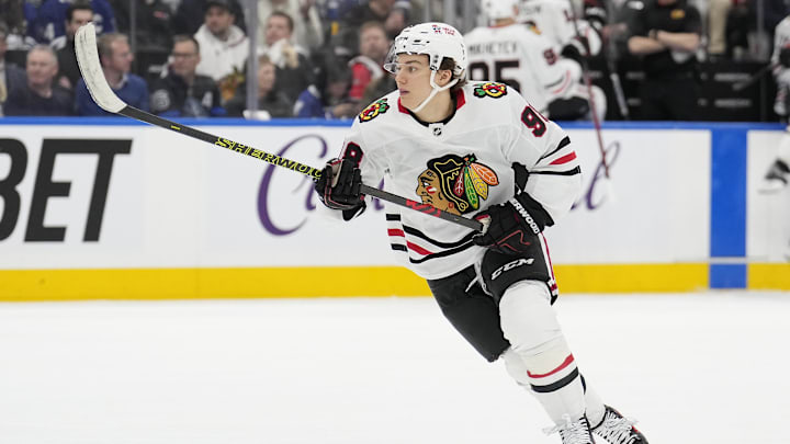 Dec 2, 2024; Toronto, Ontario, CAN; Chicago Blackhawks forward Connor Bedard (98) skates against the Toronto Maple Leafs during the second period at Scotiabank Arena. Mandatory Credit: John E. Sokolowski-Imagn Images