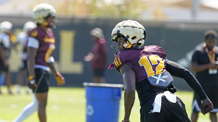 Arizona State wide receiver Malik McClain (12) runs a drill during football practice at Kajikawa practice fields in Tempe on Aug 1, 2025.