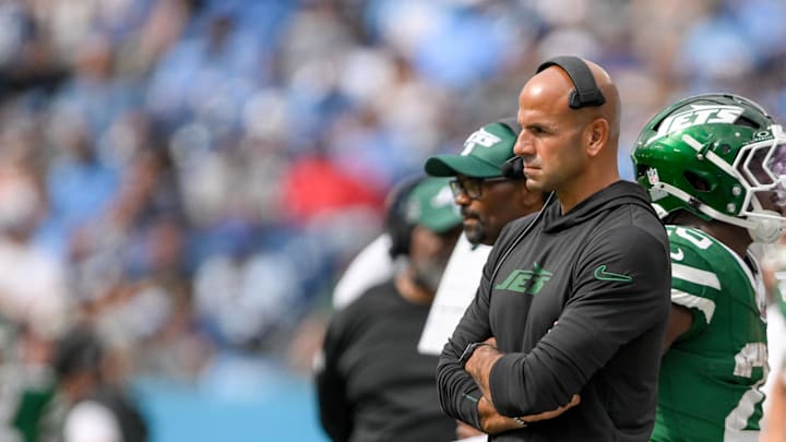 Sep 15, 2024; Nashville, Tennessee, USA; New York Jets head coach Robert Saleh watches his team against the Tennessee Titans during the second half at Nissan Stadium. Sep 15, 2024; Nashville, Tennessee, USA; New York Jets head coach Robert Saleh watches his team against the Tennessee Titans during the second half at Nissan Stadium.