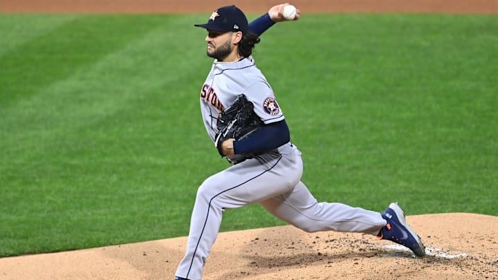 Nov 1, 2022; Philadelphia, PA, USA; Houston Astros starting pitcher Lance McCullers Jr. (43) pitches against the Philadelphia Phillies in the first inning during game three of the 2022 World Series at Citizens Bank Park.