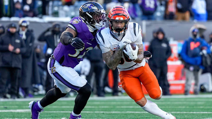 Cincinnati Bengals running back Chase Brown (30) runs the ball in the fourth quarter of the NFL Week 15 game between the Cincinnati Bengals and the Baltimore Ravens at Paycor Stadium in Cincinnati on Sunday, Dec. 14, 2025. The Bengals were shut out, 24-0. Cincinnati Bengals running back Chase Brown (30) runs the ball in the fourth quarter of the NFL Week 15 game between the Cincinnati Bengals and the Baltimore Ravens at Paycor Stadium in Cincinnati on Sunday, Dec. 14, 2025. The Bengals were shut out, 24-0.