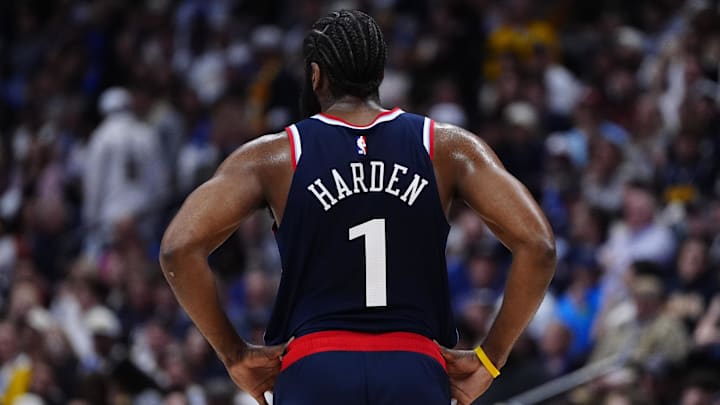 Apr 29, 2025; Denver, Colorado, USA; LA Clippers guard James Harden (1) during the fourth quarter against the Denver Nuggets during game five of the first round for the 2025 NBA Playoffs at Ball Arena. Mandatory Credit: Ron Chenoy-Imagn Images
