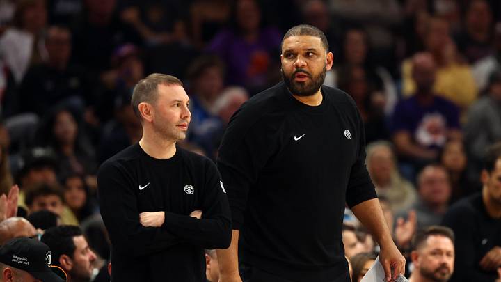 Nov 29, 2025; Phoenix, Arizona, USA; Denver Nuggets head coach David Adelman (left) with assistant coach Jared Dudley against the Phoenix Suns at the Mortgage Matchup Center. Mandatory Credit: Mark J. Rebilas-Imagn Images Nov 29, 2025; Phoenix, Arizona, USA; Denver Nuggets head coach David Adelman (left) with assistant coach Jared Dudley against the Phoenix Suns at the Mortgage Matchup Center. Mandatory Credit: Mark J. Rebilas-Imagn Images
