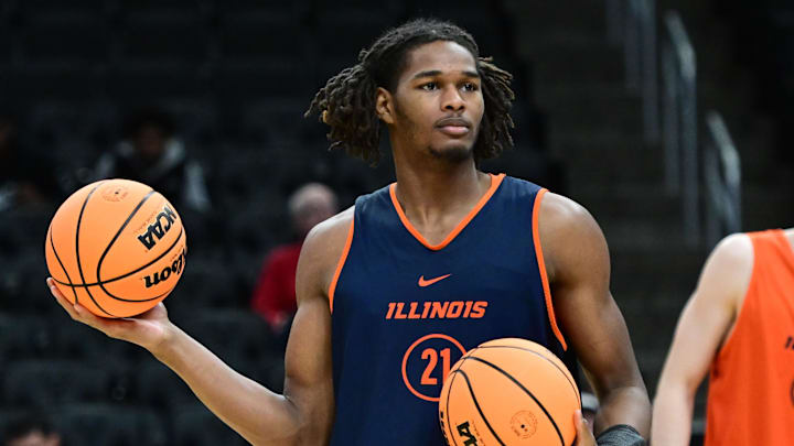 Mar 20, 2025; Milwaukee, WI, USA; Illinois Fighting Illini forward Morez Johnson Jr. (21) works out during NCAA Tournament First Round Practice at Fiserv Forum. Mandatory Credit: Benny Sieu-Imagn Images Mar 20, 2025; Milwaukee, WI, USA; Illinois Fighting Illini forward Morez Johnson Jr. (21) works out during NCAA Tournament First Round Practice at Fiserv Forum. Mandatory Credit: Benny Sieu-Imagn Images