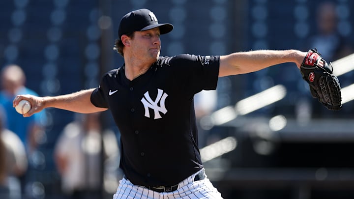 Feb 13, 2025; Tampa, FL, USA; New York Yankees starting pitcher Gerrit Cole (45) participates in spring training workouts at George M. Steinbrenner Field. Mandatory Credit: Nathan Ray Seebeck-Imagn Images