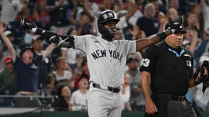 Jul 10, 2026; Washington, District of Columbia, USA; New York Yankees second baseman Jazz Chisholm Jr. (13) celebrates after hitting a two run home run against the Washington Nationals during the ninth inning at Nationals Park. Mandatory Credit: Brad Mills-Imagn Images Jul 10, 2026; Washington, District of Columbia, USA; New York Yankees second baseman Jazz Chisholm Jr. (13) celebrates after hitting a two run home run against the Washington Nationals during the ninth inning at Nationals Park. Mandatory Credit: Brad Mills-Imagn Images