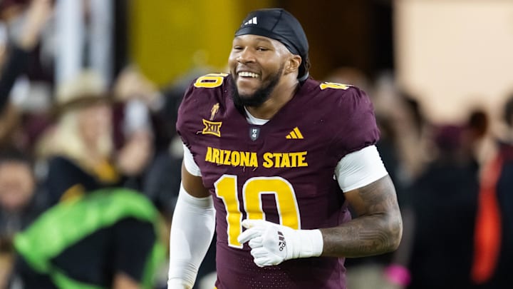 Nov 28, 2025; Tempe, Arizona, USA; Arizona State Sun Devils defensive lineman Clayton Smith (10) against the Arizona Wildcats during the 99th Territorial Cup at Mountain America Stadium. Mandatory Credit: Mark J. Rebilas-Imagn Images
